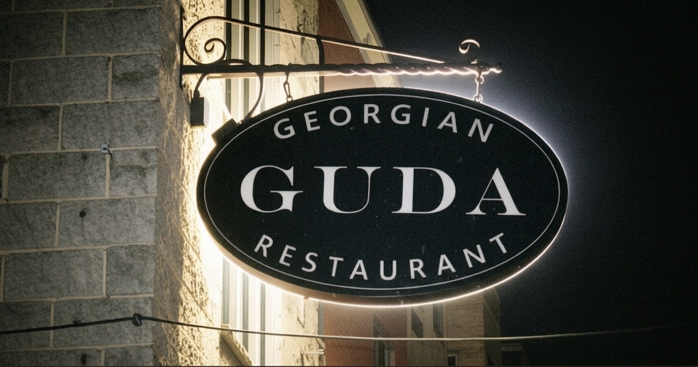 The illuminated Guda Georgian Restaurant sign at night